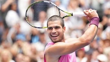 Sep 2, 2025; Flushing, NY, USA;
Carlos Alcaraz (ESP) after beating Jiri Lehecka (CZE) (not pictured) on day ten of the 2025 U.S. Open tennis tournament at the USTA Billie Jean King National Tennis Center. Mandatory Credit: Robert Deutsch-Imagn Images