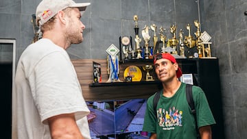 Madars Apse and Tiago Lemos are seen during the filming of Skate Tales Season 5 at the Tiago's Father's house in Jaguariuna, Brazil on March 18, 2025.