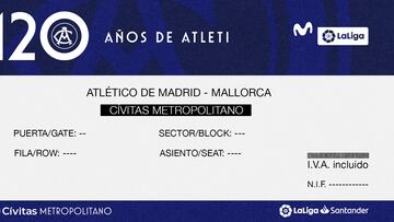 Entrada conmemorativa que el Atlético repartirá a los que acudan al partido en el que cumple 120 años, este miércoles ante el Mallorca.