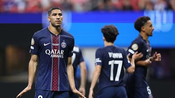 Paris Saint-Germain's Moroccan defender #02 Achraf Hakimi celebrates after scoring his team's fourth goal during the FIFA Club World Cup 2025 round of 16 football match between France's Paris Saint-Germain and US Inter Miami at the Mercedes-Benz Stadium in Atlanta on June 29, 2025. (Photo by CHARLY TRIBALLEAU / AFP)