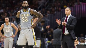 CLEVELAND, OH - MARCH 3: LeBron James #23 listens to head coach Tyronn Lue of the Cleveland Cavaliers against the Denver Nuggets during the second half at Quicken Loans Arena on March 3, 2018 in Cleveland, Ohio. The Nuggets defeated the Cavaliers 126-117. NOTE TO USER: User expressly acknowledges and agrees that, by downloading and or using this photograph, User is consenting to the terms and conditions of the Getty Images License Agreement. (Photo by Jason Miller/Getty Images)