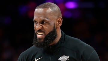 LOS ANGELES, CALIFORNIA - APRIL 19: LeBron James #23 of the Los Angeles Lakers reacts during warm up prior to the game against the Minnesota Timberwolves in Game One of the Western Conference First Round NBA Playoffs at Crypto.com Arena on April 19, 2025 in Los Angeles, California. NOTE TO USER: User expressly acknowledges and agrees that, by downloading and or using this photograph, User is consenting to the terms and conditions of the Getty Images License Agreement. Ronald Martinez/Getty Images/AFP (Photo by RONALD MARTINEZ / GETTY IMAGES NORTH AMERICA / Getty Images via AFP)