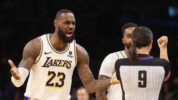 PHOENIX, ARIZONA - FEBRUARY 25: LeBron James #23 of the Los Angeles Lakers reacts to referee Natalie Sago #9 after a foul call during the second half of the NBA game against the Phoenix Suns at Footprint Center on February 25, 2024 in Phoenix, Arizona. The Suns defeated the Lakers 123-113. NOTE TO USER: User expressly acknowledges and agrees that, by downloading and or using this photograph, User is consenting to the terms and conditions of the Getty Images License Agreement. Christian Petersen/Getty Images/AFP (Photo by Christian Petersen / GETTY IMAGES NORTH AMERICA / Getty Images via AFP)