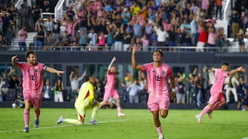 Inter Miami's Argentine forward #10 Lionel Messi and Inter Miami's Venezuelan midfielder #08 Telasco Segovia celebrate a third goal during the Leagues Cup semi-final football match between Inter Miami CF and Orlando City SC at Chase Stadium in Fort Lauderdale, Florida, on August 27, 2025. (Photo by Chris Arjoon / AFP)