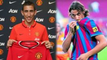 Di María en su presentación con el Manchester United e Ibrahimovic cuando fichó por el Barcelona.