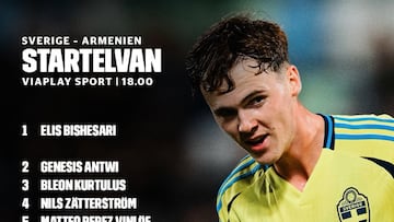 Cartel con la alineación de la Selección de Suecia Sub-21 frente a Armenia con la imagen de Williot Swedberg.