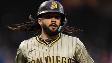 Jun 4, 2025; San Francisco, California, USA; San Diego Padres right fielder Fernando Tatis Jr. (23) runs home against the San Francisco Giants in the fifth inning at Oracle Park. Mandatory Credit: Eakin Howard-Imagn Images