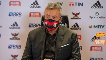 Handout picture released by Flamengo's Communications Department showing the new coach of Brazilian football team Flamengo, Spaniard Domenec Torrent, offering a press conference at the team's training centre in Rio de Janeiro, Brazil, on August