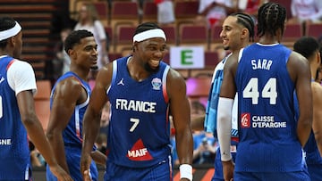 France's power forward #07 Guerschon Yabusele reacts at the end of the FIBA EuroBasket 2025 Group D basketball match between Belgium and France at the Spodek Arena in Katowice, Poland on August 28, 2025. (Photo by Sergei GAPON / AFP)