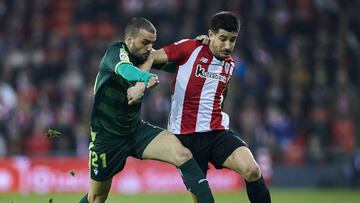 Bilbao, northern Spain, Sunday, February, 23, 2019. Pedro Leon, Yuri Berchiche during the Spanish La Liga soccer match between Athletic Club Bilbao and S.D Eibar at San Mames stadium.