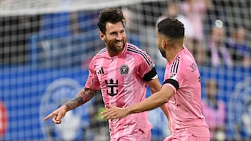 MONTREAL, QUEBEC - JULY 05: Lionel Messi #10 of Inter Miami CF celebrates scoring his team's second goal with teammate Jordi Alba #18 during the MLS match between CF Montreal and Inter Miami CF at Saputo Stadium on July 05, 2025 in Montreal, Quebec. Minas Panagiotakis/Getty Images/AFP (Photo by Minas Panagiotakis / GETTY IMAGES NORTH AMERICA / Getty Images via AFP)