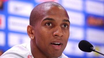 SAINT PETERSBURG, RUSSIA - JULY 09: Ashley Young speaks to the media during an England press conference at Spartak Zelenogorsk Stadium on July 9, 2018 in Saint Petersburg, Russia. (Photo by Alexander Hassenstein/Getty Images)