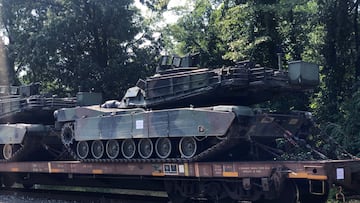 FILE PHOTO: An M1 Abrams tank sits atop a flat car in a rail yard after U.S. President Donald Trump said tanks and other military hardware would be part of a Fourth of July display in Washington, U.S., July 2, 2019. REUTERS/Kevin Fogarty/File Photo