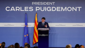 Catalan separatist leader Carles Puigdemont announces his candidature with Junts Per Catalunya (Together for Catalonia) party for Catalonia's May 12 election, in Elne, France March 21, 2024. REUTERS/Albert Gea