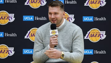 EL SEGUNDO, CALIFORNIA - FEBRUARY 04: Luka Doncic, formerly of the Dallas Mavericks, speaks at a press conference introducing him as a new member of the Los Angeles Lakers at UCLA Health Training Center on February 04, 2025 in El Segundo, California. Harry How/Getty Images/AFP (Photo by Harry How / GETTY IMAGES NORTH AMERICA / Getty Images via AFP)