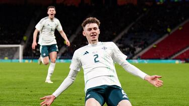 Northern Ireland's Conor Bradley celebrates scoring their side's first goal of the game during a international friendly match at Hampden Park, Glasgow. Picture date: Tuesday March 26, 2024. (Photo by Jane Barlow/PA Images via Getty Images)