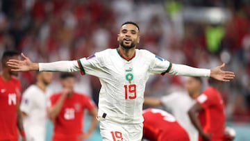 DOHA, QATAR - DECEMBER 01: Youssef En-Nesyri of Morocco celebrates after scoring the team's third goal later ruled offside during the FIFA World Cup Qatar 2022 Group F match between Canada and Morocco at Al Thumama Stadium on December 01, 2022 in Doha, Qatar. (Photo by Richard Heathcote/Getty Images)