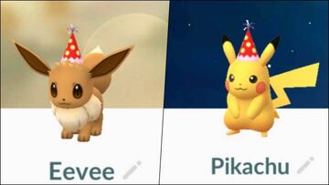 Eevee y Pikachu con el gorro de fiesta 2020. Ambas criaturas son de las más representativas de la región de Kanto (Generación I)