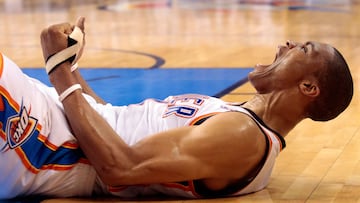 OKLAHOMA CITY, OK - JUNE 06: Russell Westbrook #0 of the Oklahoma City Thunder reacts after getting fouled and making the basket against the San Antonio Spurs in Game Six of the Western Conference Finals of the 2012 NBA Playoffs at Chesapeake Energy Arena on June 6, 2012 in Oklahoma City, Oklahoma. NOTE TO USER: User expressly acknowledges and agrees that, by downloading and or using this photograph, User is consenting to the terms and conditions of the Getty Images License Agreement. (Photo by Brett Deering/Getty Images)