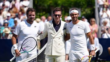 Rafael Nadal (right) and Stan Wawrinka (left) pose for a picture ahead of their ATP EXHO singles match on day two of the Giorgio Armani Tennis Classic at the Hurlingham tennis club. Picture date: Wednesday June 22, 2022. (Photo by John Walton/PA Images via Getty Images)