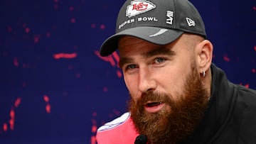 Travis Kelce of the Kansas City Chiefs speaks during Super Bowl LVIII Opening Night at Allegiant Stadium in Las Vegas, Nevada on February 5, 2024. (Photo by Patrick T. Fallon / AFP)