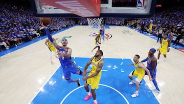 Jun 8, 2025; Oklahoma City, Oklahoma, USA; Oklahoma City Thunder guard Alex Caruso (9) shoots against Indiana Pacers forward Obi Toppin (1) during the second half during game two of the 2025 NBA Finals at Paycom Center. Mandatory Credit: Julio Cortez-Pool Photo via Imagn Images