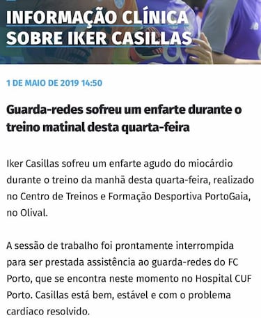 Casillas supera un infarto agudo de miocardio