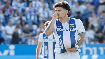 Juan Cruz Díaz celebra un gol marcado con el Leganés. 
