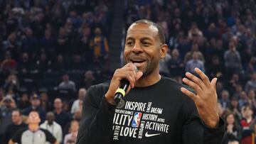 Feb 10, 2020; San Francisco, California, USA; Miami Heat guard Andre Iguodala acknowledges the fans of his former team the Golden State Warriors before the game at Chase Center. Mandatory Credit: Kelley L Cox-USA TODAY Sports