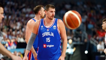 RIGA (Latvia), 03/09/2025.- Nikola Jokic of Serbia reacts during the EuroBasket 2025 group A basketball match between Turkey and Serbia in Riga, Latvia, 03 September 2025. (Baloncesto, Letonia, Turquía) EFE/EPA/TOMS KALNINS