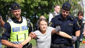 Swedish climate activist Greta Thunberg is lifted away by police when she takes part in a new climate action in Oljehamnen in Malmo, Sweden July 24, 2023. TT News Agency/Andreas Hillergren/via REUTERS ATTENTION EDITORS - THIS IMAGE WAS PROVIDED BY A THIRD PARTY. SWEDEN OUT. NO COMMERCIAL OR EDITORIAL SALES IN SWEDEN.