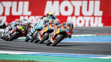 Red Bull KTM Ajo's Spanish rider Jose Antonio Rueda competes during the 100th Edition of the 2024 Netherlands Moto3 Grand Prix at the TT Circuit Assen, in Assen on June 29, 2025. (Photo by Vincent JANNINK / ANP / AFP) / Netherlands OUT