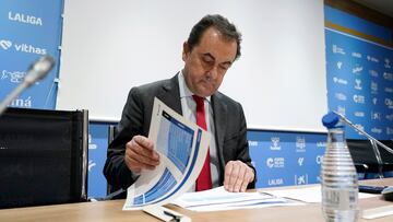 José María Muñoz, administrador judicial del Málaga CF, en la rueda de prensa para explicar las cuentas de la temporada 2023-24.