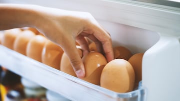 Pick chicken eggs from the refrigerator, eggs on shelf of refrigerator