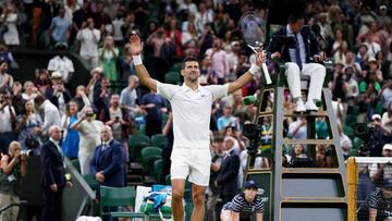 Novak Djokovic celebrates victory after his Gentlemen's Singles fourth round match against Tim van Rijthoven during day seven of the 2022 Wimbledon Championships at the All England Lawn Tennis and Croquet Club, Wimbledon. Picture date: Sunday July 3, 2022. (Photo by Adam Davy/PA Images via Getty Images)