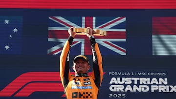 Formula One F1 - Austrian Grand Prix - Red Bull Ring, Spielberg, Austria - June 29, 2025 McLaren's Lando Norris celebrates on the podium with a trophy after winning the Austrian Grand Prix REUTERS/Jakub Porzycki TPX IMAGES OF THE DAY