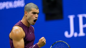 Aug 25, 2025; Flushing, NY, USA; Carlos Alcaraz (ESP) after a winner to Reilly Opelka (USA)(not pictured) on day two of the 2025 U.S. Open tennis tournament at the USTA Billie Jean King National Tennis Center. Mandatory Credit: Robert Deutsch-Imagn Images