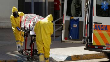 Paramedics transport a patient infected with the coronavirus disease (COVID-19) toward an ambulance to take him to El Paso, Texas, outside the Hospital General in Ciudad Juarez, Mexico May 13, 2020. REUTERS/Jose Luis Gonzalez