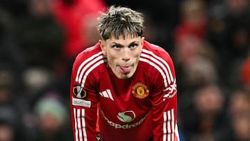 Manchester United's Argentinian midfielder #17 Alejandro Garnacho reacts during the UEFA Europa league football match between Manchester United and Glasgow Rangers at Old Trafford stadium in Manchester, north west England, on January 23, 2025. (Photo by Oli SCARFF / AFP)
