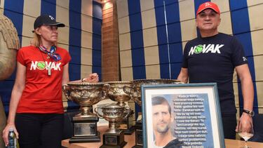 Serbian tennis player Novak Djokovic's mother Diana, his father Srdjan hold a press conference as the player is fighting in Australia his visa cancellation and pending deportation in a Federal Court challenge in Belgrade, Serbia, January 6, 2022. REUTERS/