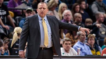 Jan 22, 2017; Minneapolis, MN, USA; Minnesota Timberwolves head coach Tom Thibodeau in the second quarter against the Denver Nuggets at Target Center. Mandatory Credit: Brad Rempel-USA TODAY Sports