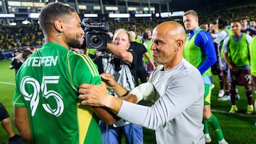 Aug 17, 2024; Carson, California, USA; Colorado Rapids goalkeeper Zack Steffen (95) celebrates with head coach Victor Chris Armas after winning on a penalty kick shootout against Club America in a Leagues Cup quarterfinal match at Dignity Health Sports Park. Mandatory Credit: Kelvin Kuo-USA TODAY Sports