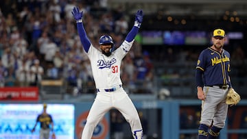 Jul 5, 2024; Los Angeles, California, USA; Los Angeles Dodgers right fielder Teoscar Hernandez (37) reacts after hitting an RBI double during the eighth inning against the Milwaukee Brewers at Dodger Stadium. Mandatory Credit: Kiyoshi Mio-USA TODAY Sports