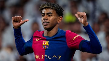 Lamine Yamal of FC Barcelona celebrates his goal during the La Liga EA Sports 2024/25 football match between Real Madrid CF and FC Barcelona at Estadio Santiago Bernabeu in Madrid, Spain, on October 26, 2024. (Photo by Alberto Gardin/NurPhoto via Getty Images)