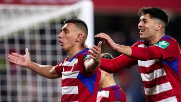 GRANADA, SPAIN - FEBRUARY 10: Myrto Uzuni of Granada CF celebrates after scoring his team's second goal during the LaLiga Smartbank match between Granada CF and CD Tenerife at Estadio Nuevo Los Carmenes on February 10, 2023 in Granada, Spain. (Photo by Fermin Rodriguez/Quality Sport Images/Getty Images)