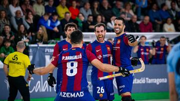 Jugadores del Barça celebran uno de sus goles en la final de Copa del Rey ante el Sant Just.
