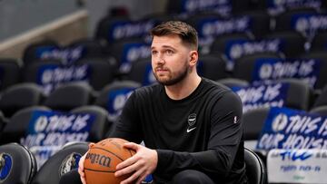 DALLAS, TEXAS - MAY 18: Luka Doncic #77 of the Dallas Mavericks looks on prior to Game Six of the Western Conference Second Round Playoffs against the Oklahoma City Thunder at American Airlines Center on May 18, 2024 in Dallas, Texas. NOTE TO USER: User expressly acknowledges and agrees that, by downloading and or using this photograph, User is consenting to the terms and conditions of the Getty Images License Agreement. Sam Hodde/Getty Images/AFP (Photo by Sam Hodde / GETTY IMAGES NORTH AMERICA / Getty Images via AFP)