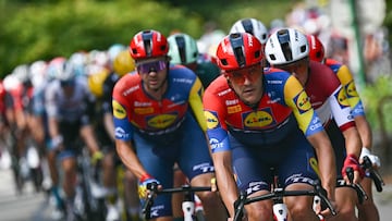 Lidl - Trek team's Belgian rider Jasper Stuyven leads the pack of riders (peloton) during the 18th stage of the 112th edition of the Tour de France cycling race, 171.5 km between Vif and Courchevel Col de la Loze, in the Alps, southeastern France, on July 24, 2025. (Photo by Loic VENANCE / AFP)