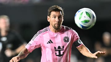 Inter Miami's Argentine forward #10 Lionel Messi eyes the ball during the Major League Soccer (MLS) regular season match between Inter Miami CF and LA Galaxy at Chase Stadium in Fort Lauderdale, Florida on August 16, 2025. (Photo by CHANDAN KHANNA / AFP)