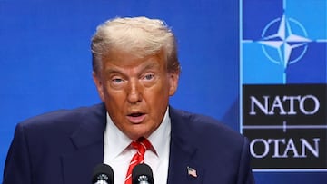U.S. President Donald Trump speaks during a press conference at a NATO summit in The Hague, Netherlands June 25, 2025. REUTERS/Yves Herman